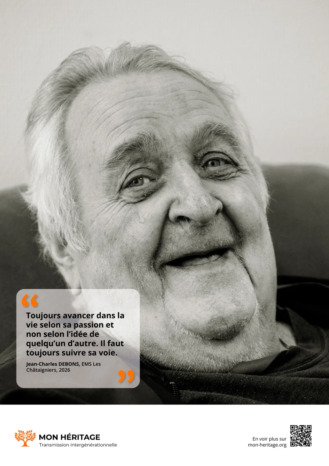 Portrait noir et blanc de Jean-Charles Debons, résident de l'EMS Les Châtaigniers — projet Mon Héritage par Yann Lepora